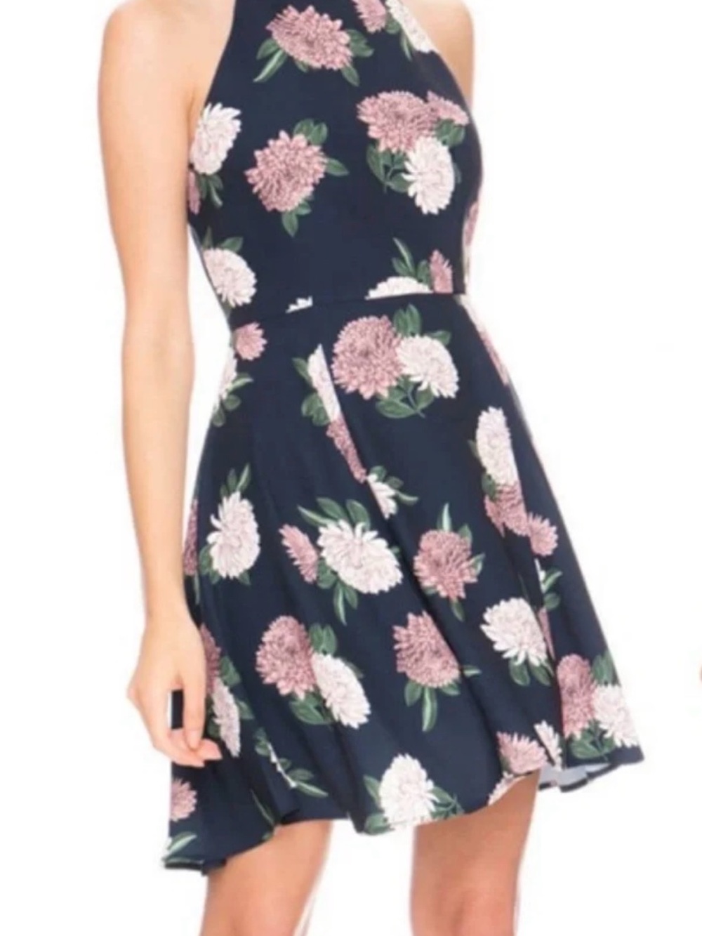 Keepsake Floral Halter Fit & Flare Dress in Navy with Pink Blooms